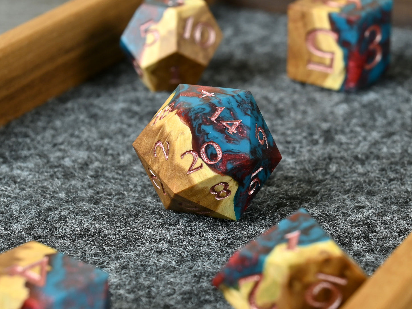 Firethorn blooms brown mallee burl wood and resin hybrid dice set for D&D ttrpg.