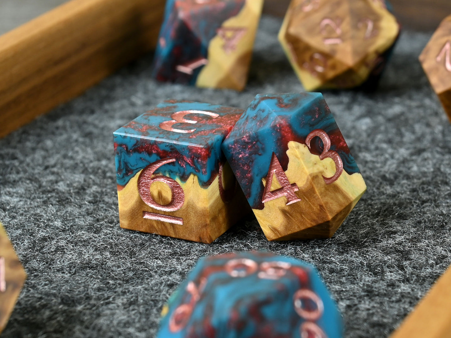 Firethorn blooms brown mallee burl wood and resin hybrid dice set for D&D ttrpg.