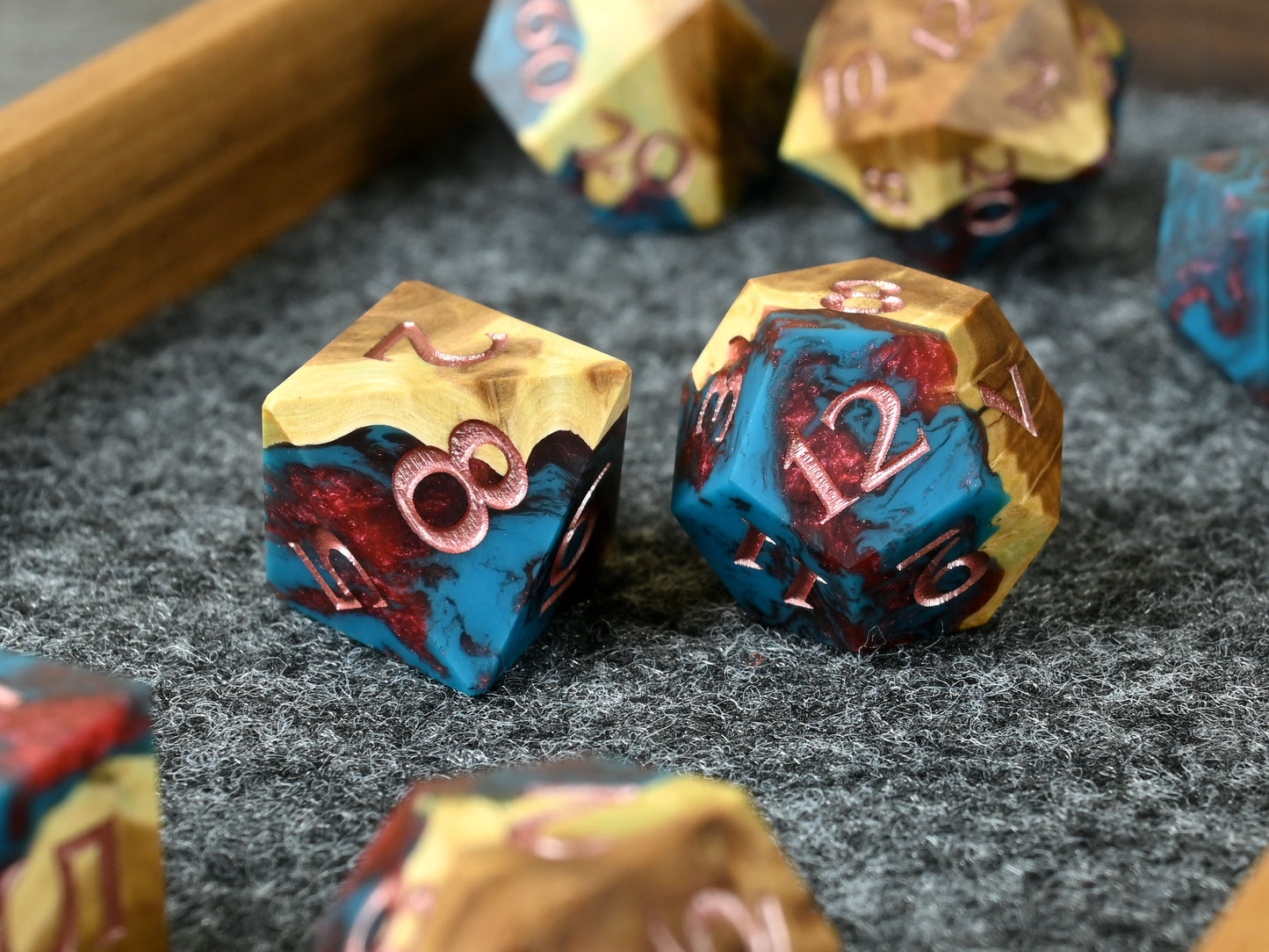 Firethorn blooms brown mallee burl wood and resin hybrid dice set for D&D ttrpg.