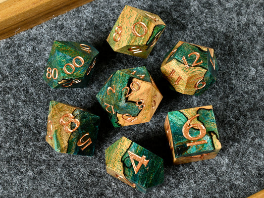 Green spalted maple burl wood dice set for dnd tttrpg