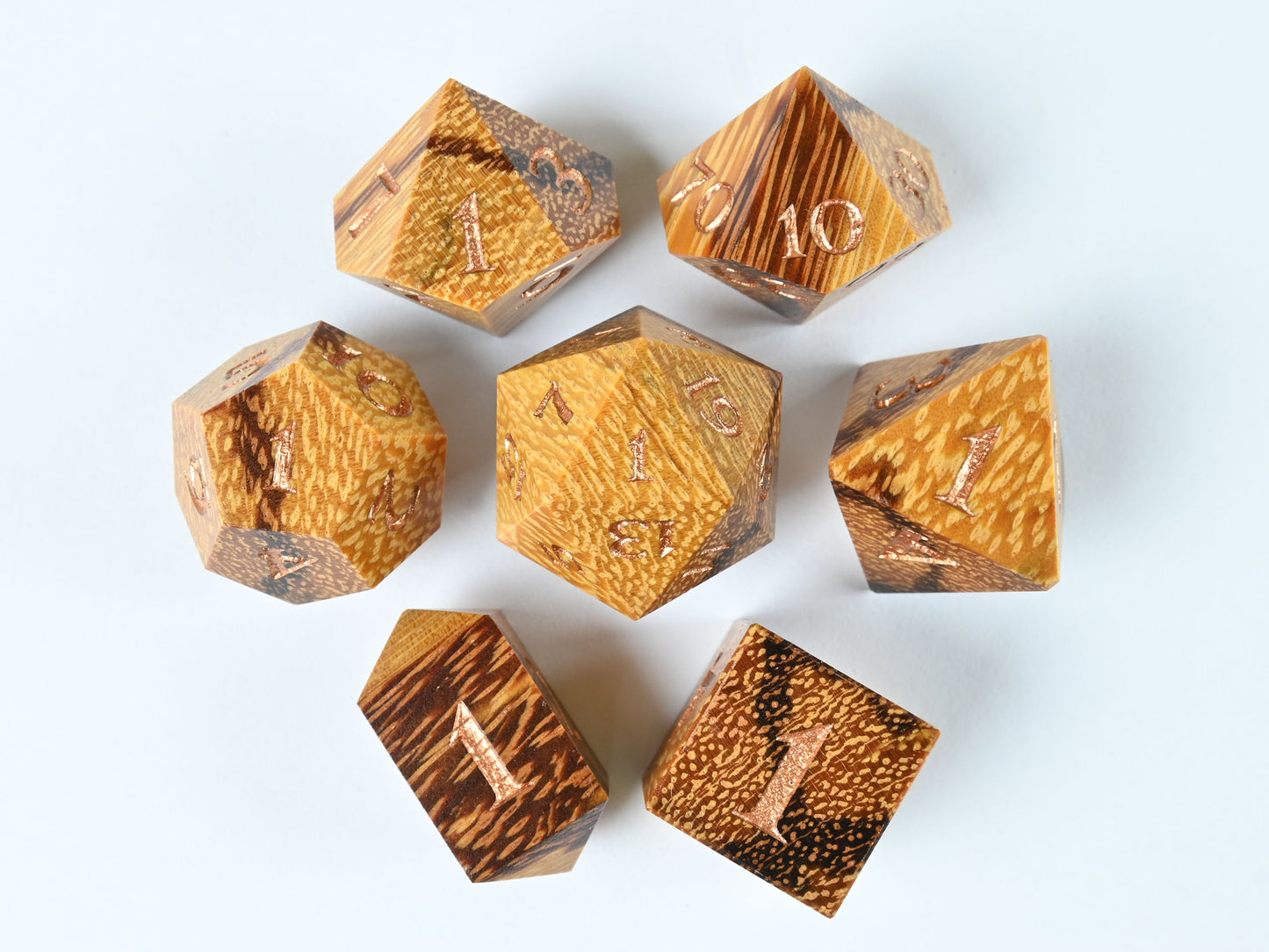Marblewood dice set with bronze numbers for dnd rpg