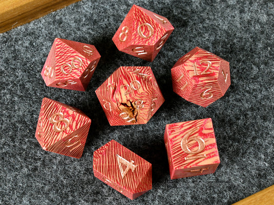 Red Sycamore wood dice set for dnd tttrpg