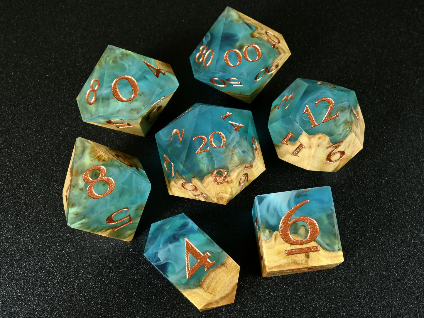 Shoreline Brown mallee burl wood and resin hybrid dice set for dnd ttrpg