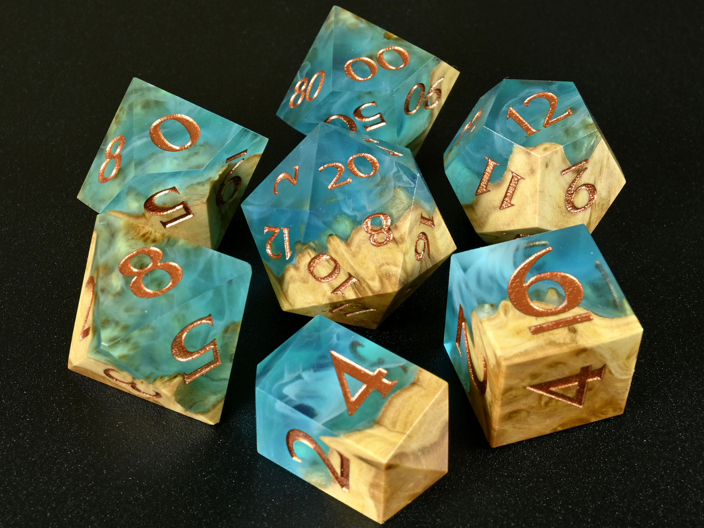 Shoreline Brown mallee burl wood and resin hybrid dice set for dnd ttrpg