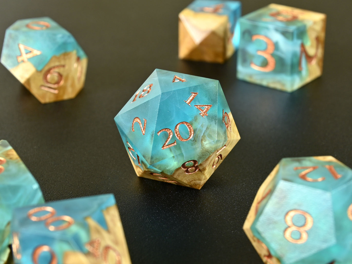 Shoreline Brown mallee burl wood and resin hybrid dice set for dnd ttrpg