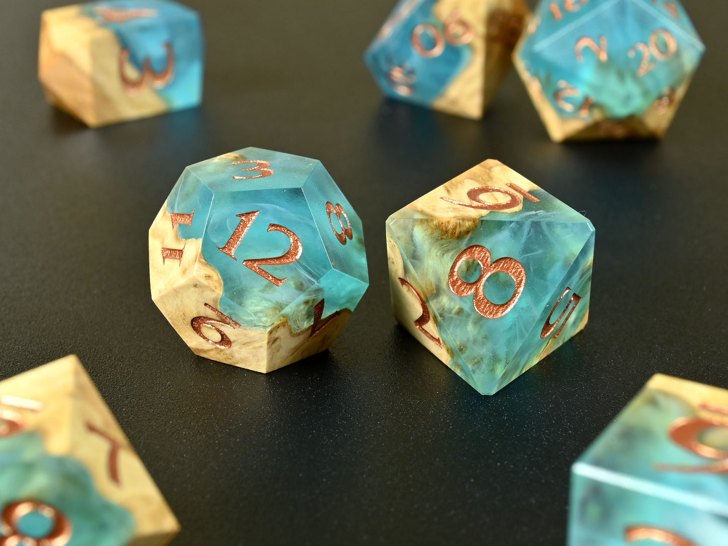Shoreline Brown mallee burl wood and resin hybrid dice set for dnd ttrpg