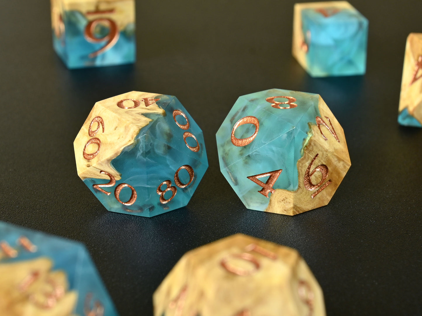 Shoreline Brown mallee burl wood and resin hybrid dice set for dnd ttrpg