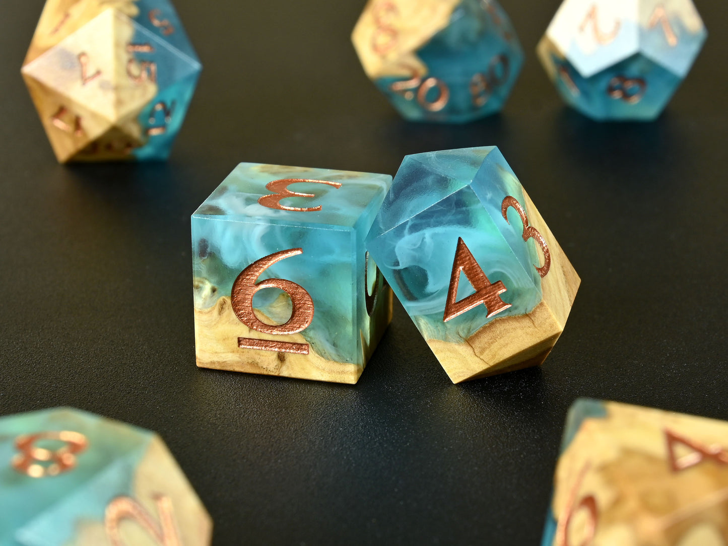 Shoreline Brown mallee burl wood and resin hybrid dice set for dnd ttrpg