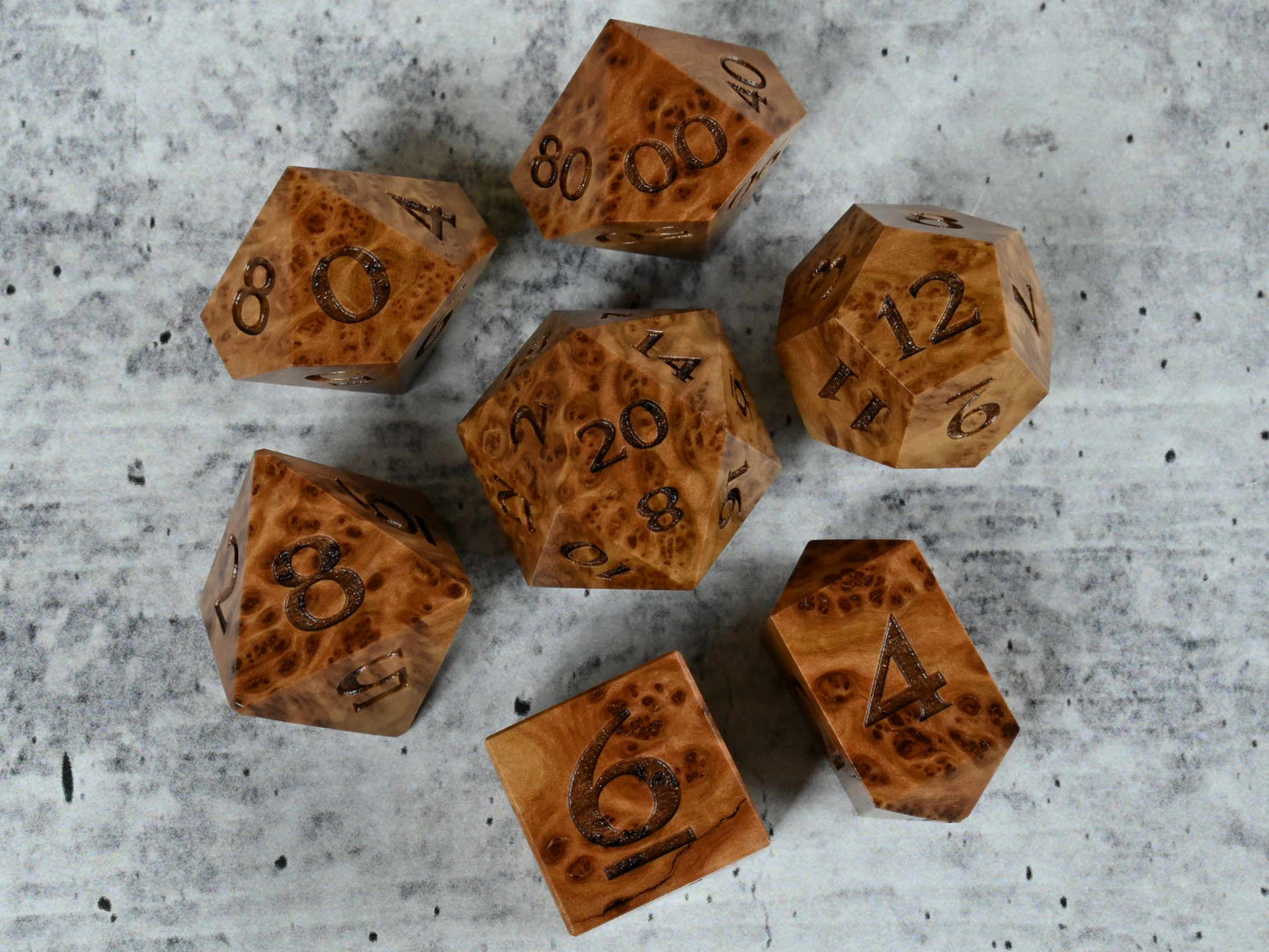 Vasticola Burl wood dice set for dnd ttrpg
