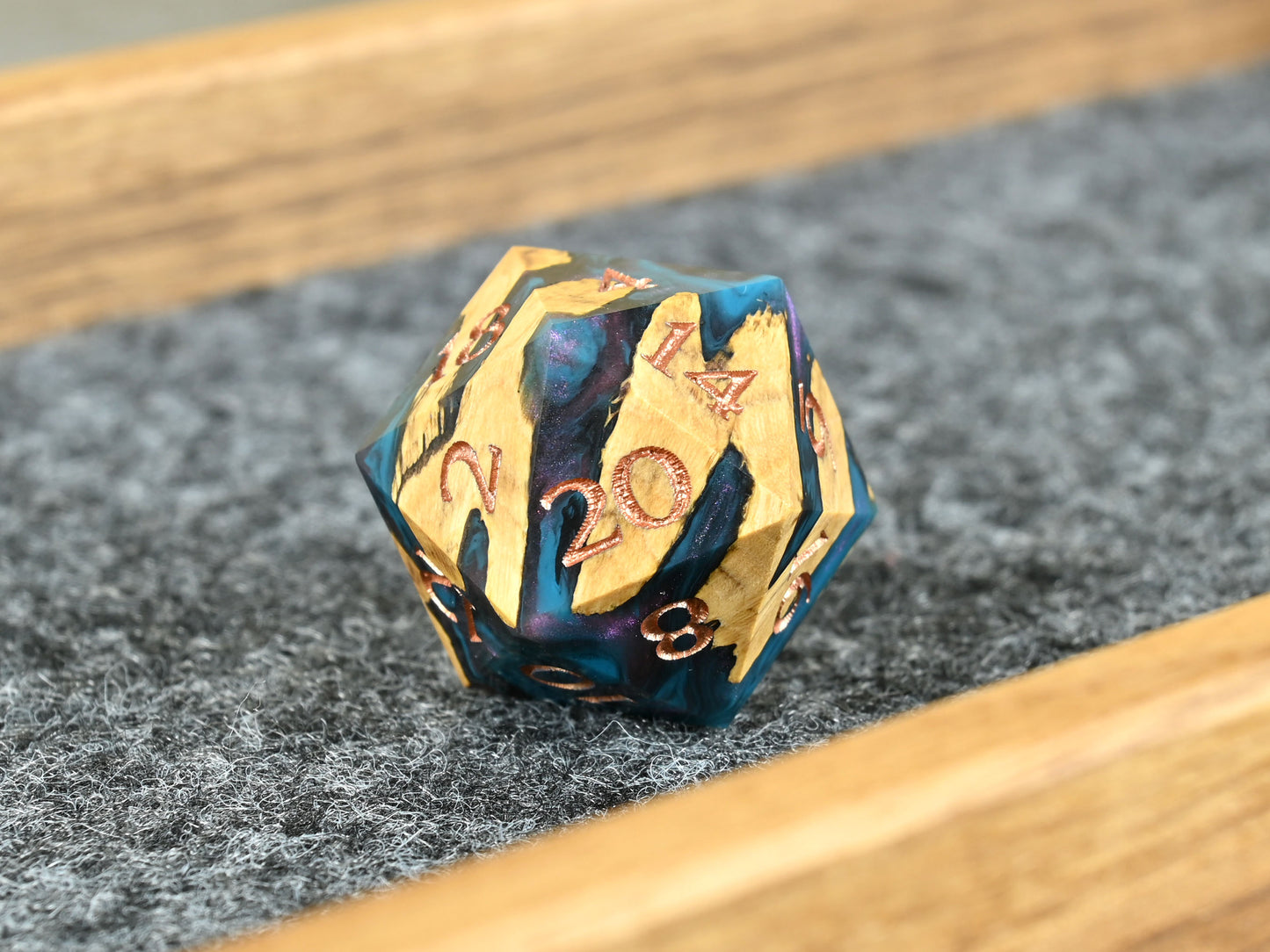 D20 dice made from cholla wood and resin for D&D ttrpg