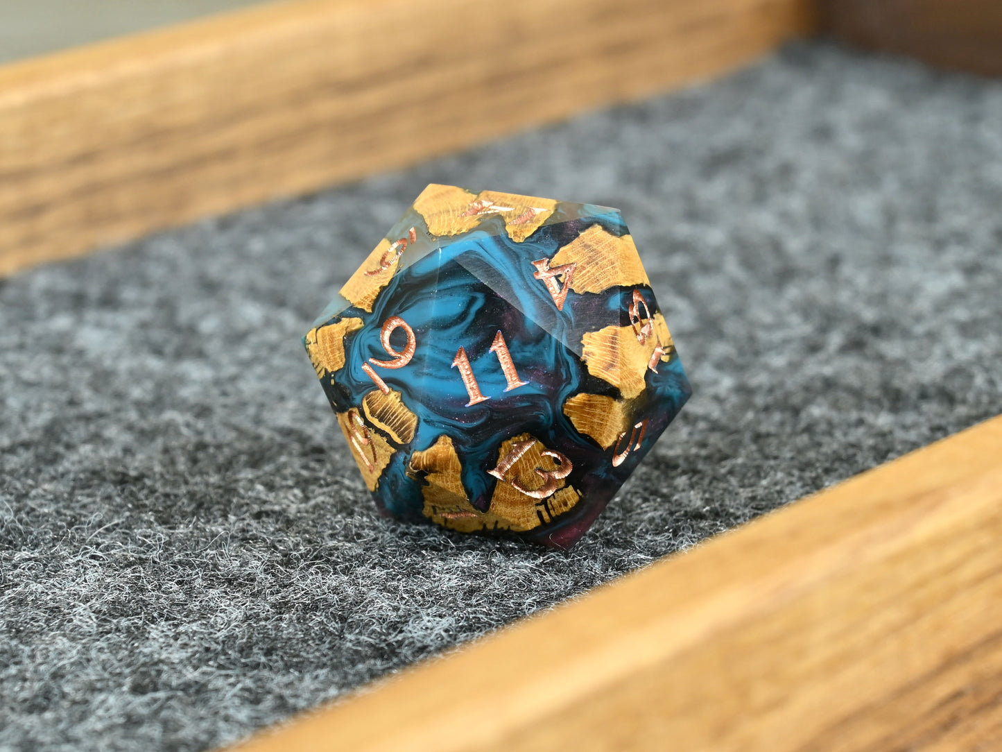 D20 dice made from cholla wood and resin for D&D ttrpg
