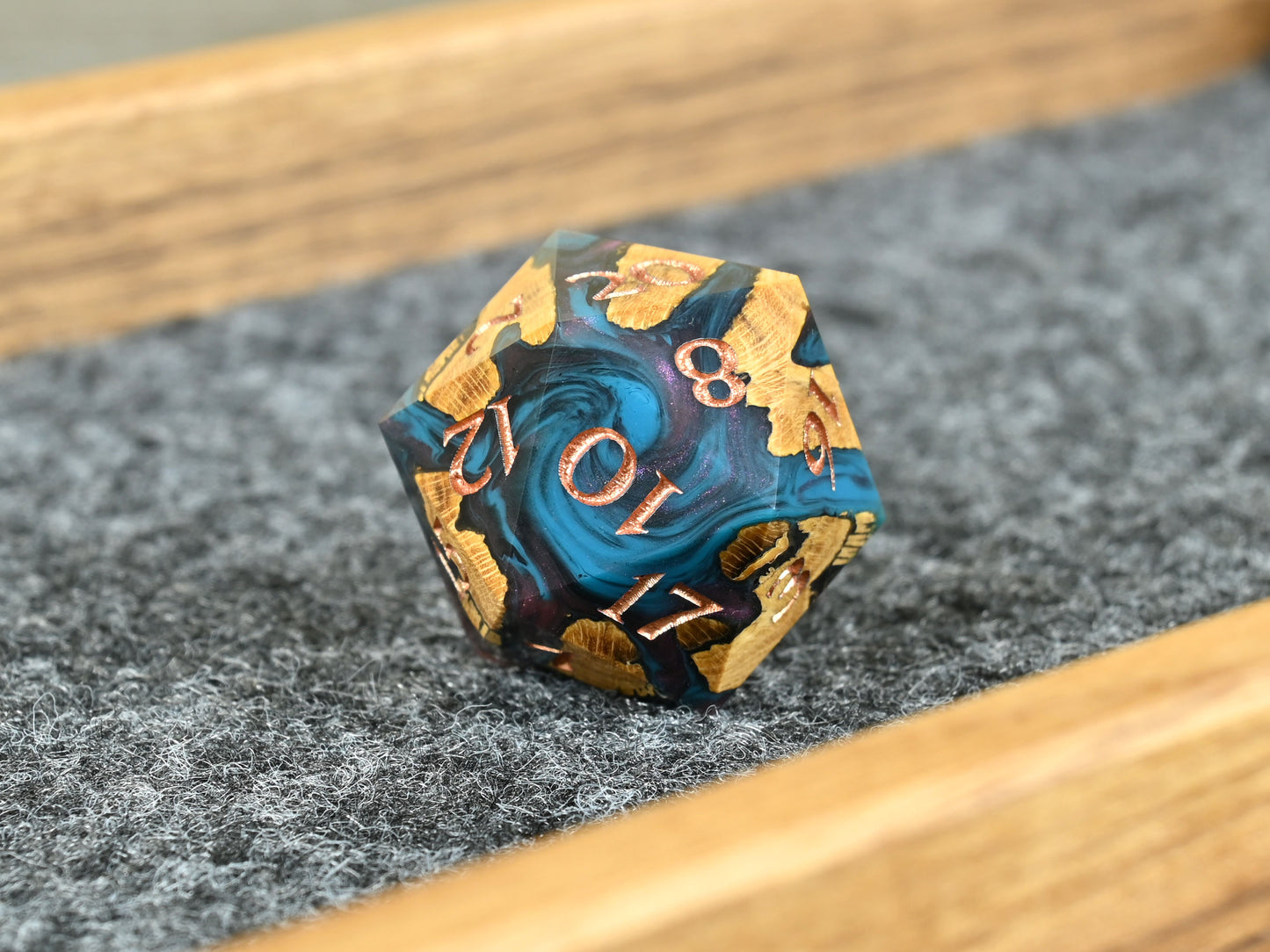 D20 dice made from cholla wood and resin for D&D ttrpg