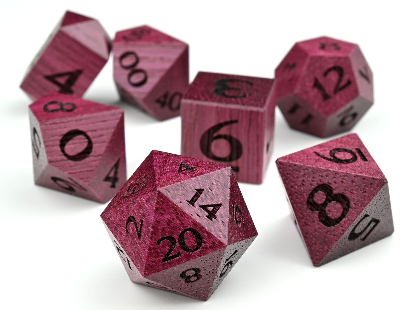 Purpleheart wood polyhedral dice set for dungeons and dragons rpg