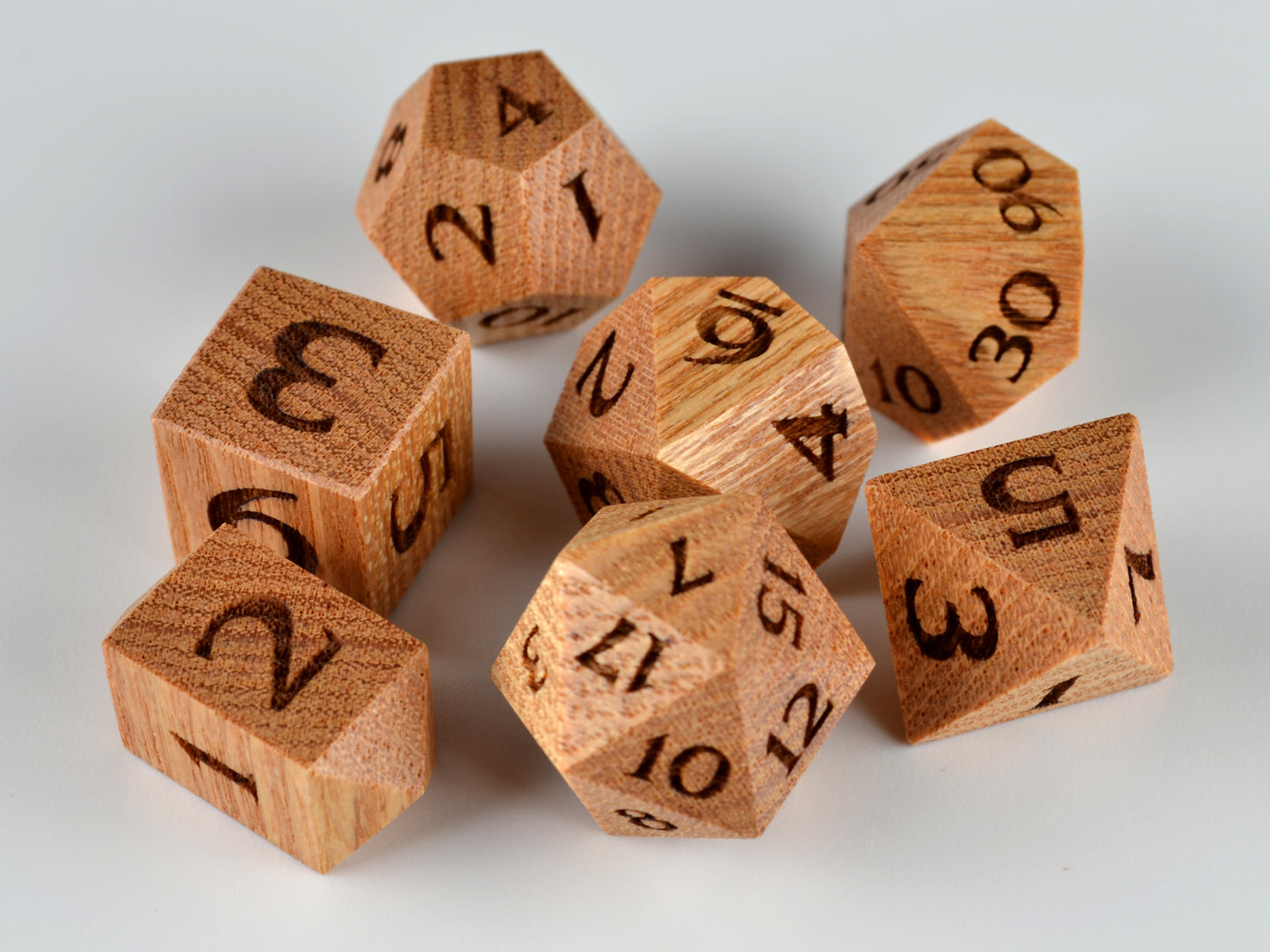 Coffeetree wood polyhedral dice set for dungeons and dragons rpg
