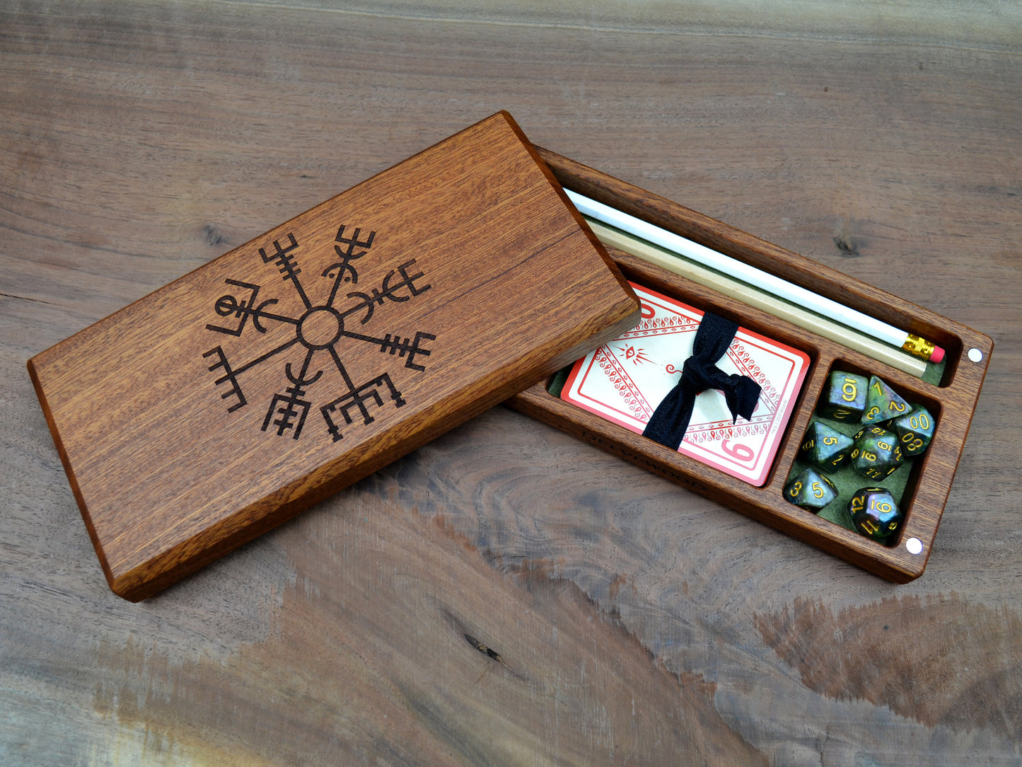 Sapele wood Delver's kit dice box and tray for dnd rpg dungeons and dragons