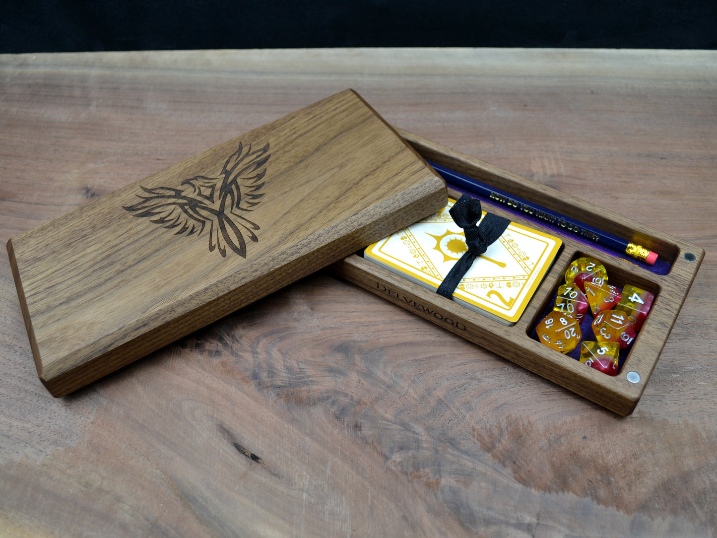 Walnut wood Delver's kit dice box and tray for dnd rpg dungeons and dragons