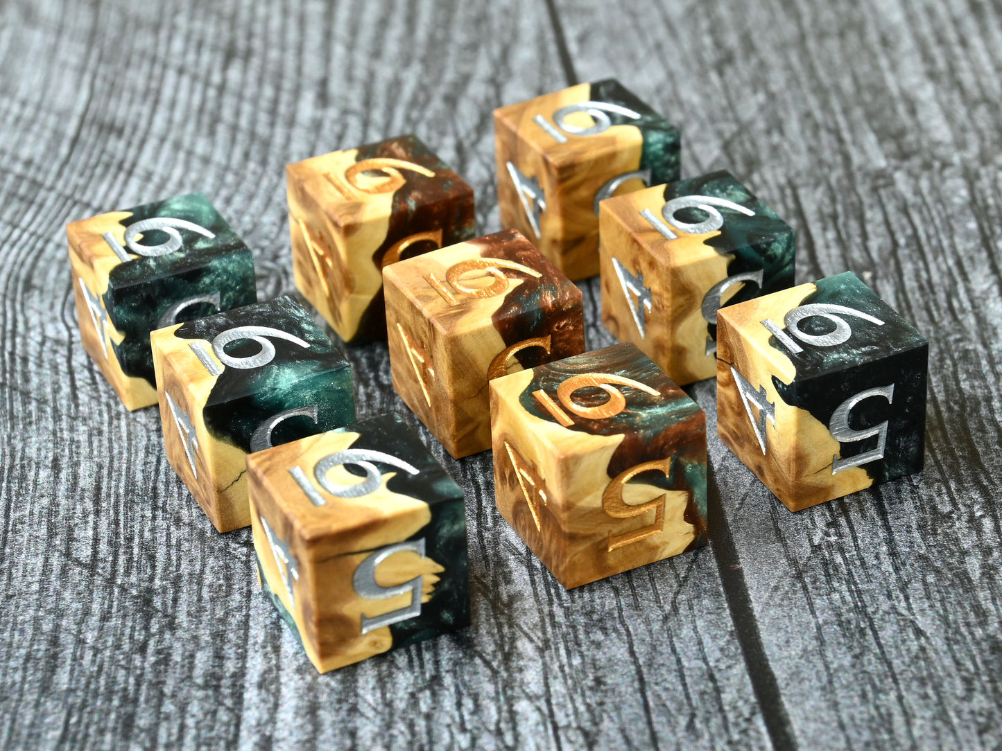 9d6 dice set made from brown mallee burl wood and resin for D&D ttrpg