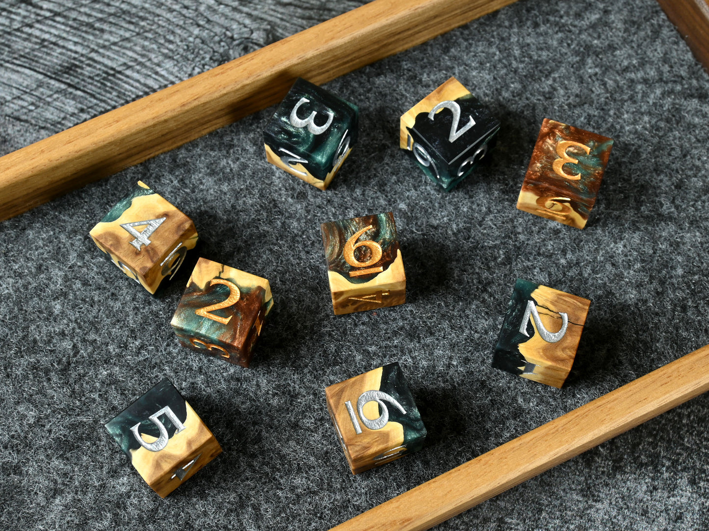 9d6 dice set made from brown mallee burl wood and resin for D&D ttrpg