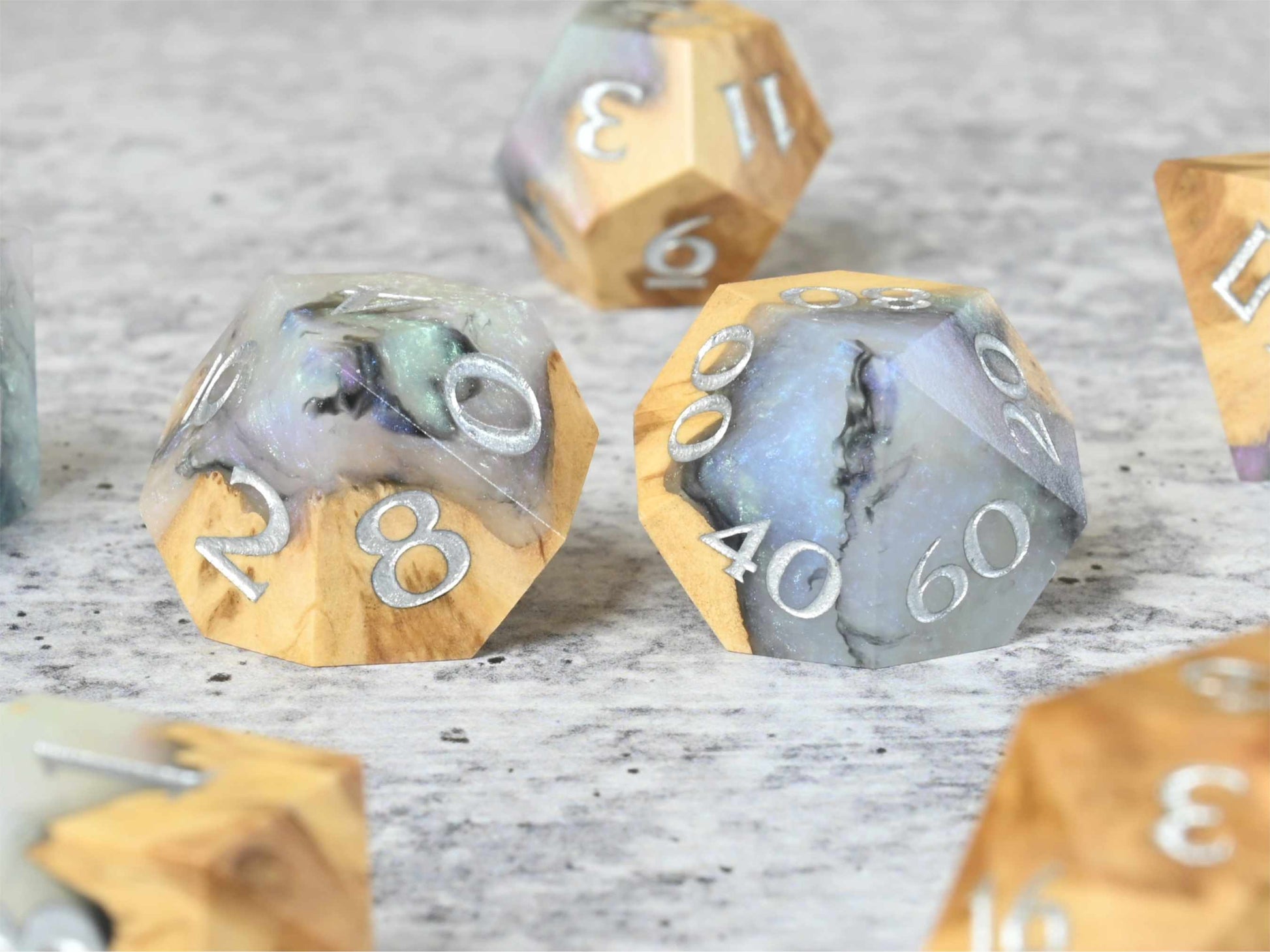 Abalone Brown Mallee burl wood dice set for dnd ttrpg