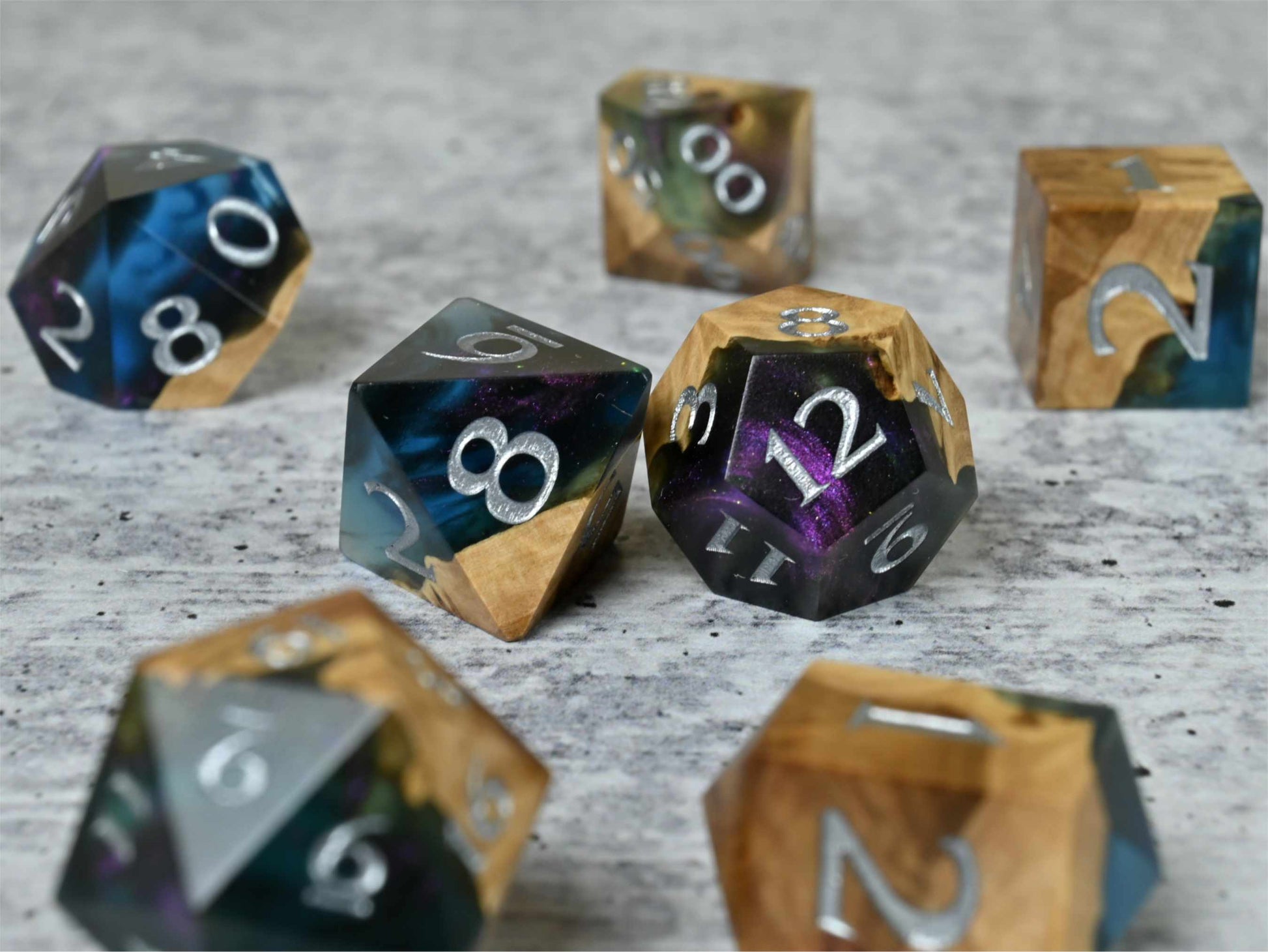 Anthias Reef - Corrugata Burl Hybrid wood and resin Dice Set for dnd ttrpg
