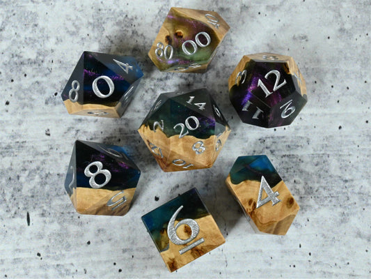 Anthias Reef - Corrugata Burl Hybrid wood and resin Dice Set for dnd ttrpg