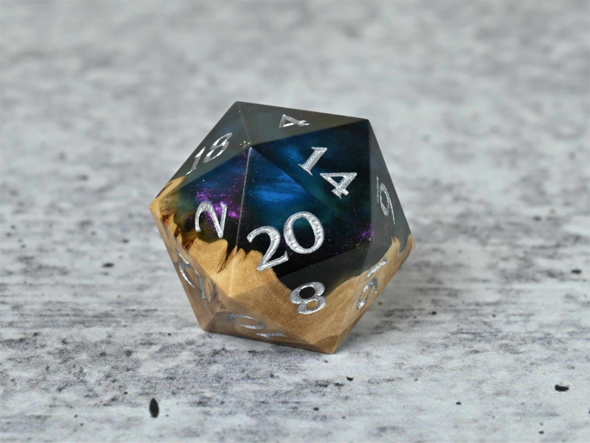 Anthias Reef - Corrugata Burl Hybrid wood and resin D20 for dnd ttrpg