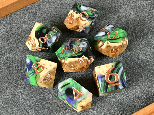 brown mallee burl wood and resin hybrid dice set for ttrpg dnd