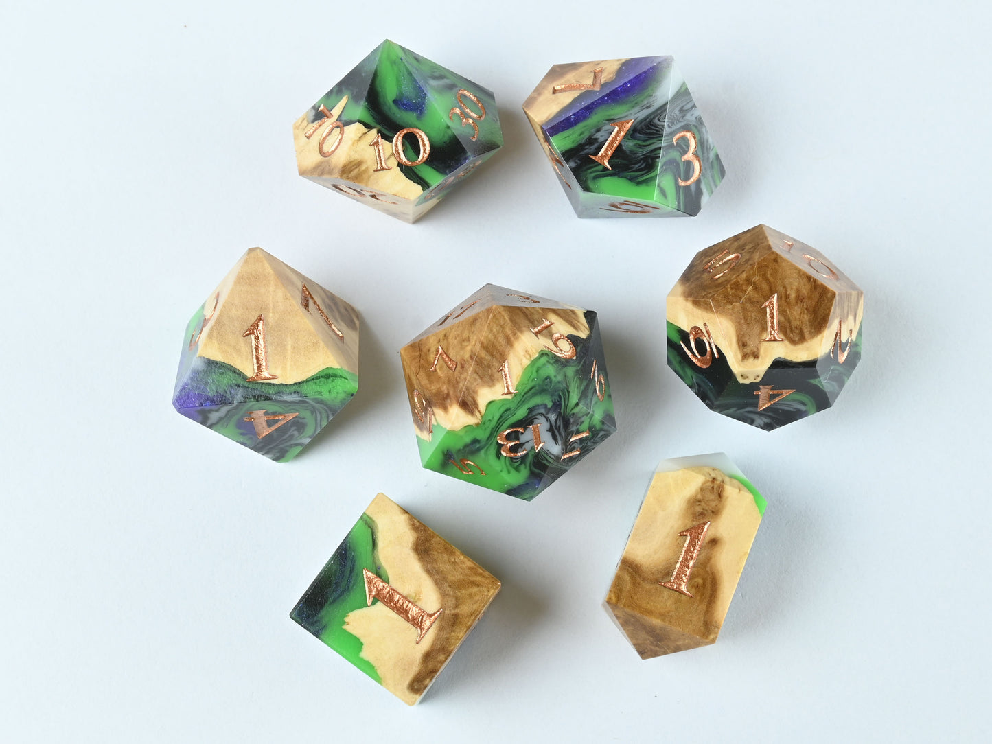 brown mallee burl wood and resin hybrid dice set for ttrpg dnd