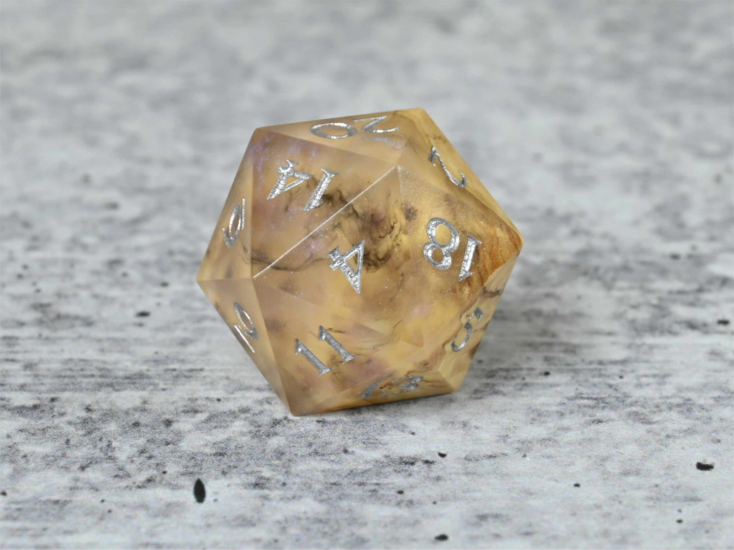 Ethereal Brown Mallee burl wood and resin d20 with silver painted numbers for dnd ttrpg