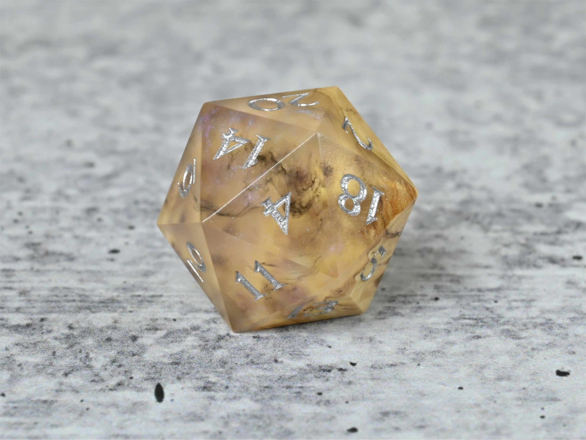 Ethereal Brown Mallee burl wood and resin d20 with silver painted numbers for dnd ttrpg