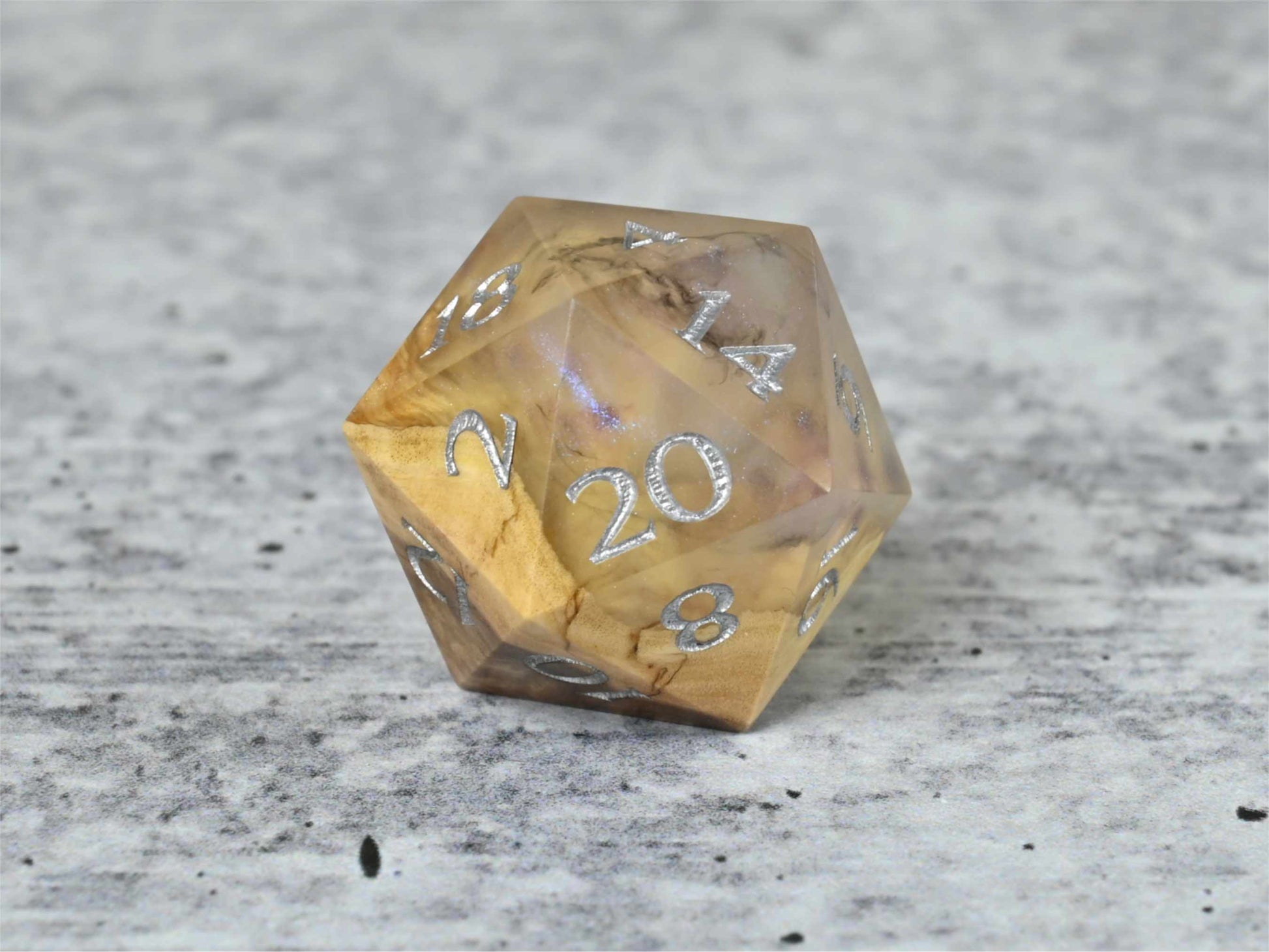 Ethereal Brown Mallee burl wood and resin d20 with silver painted numbers for dnd ttrpg