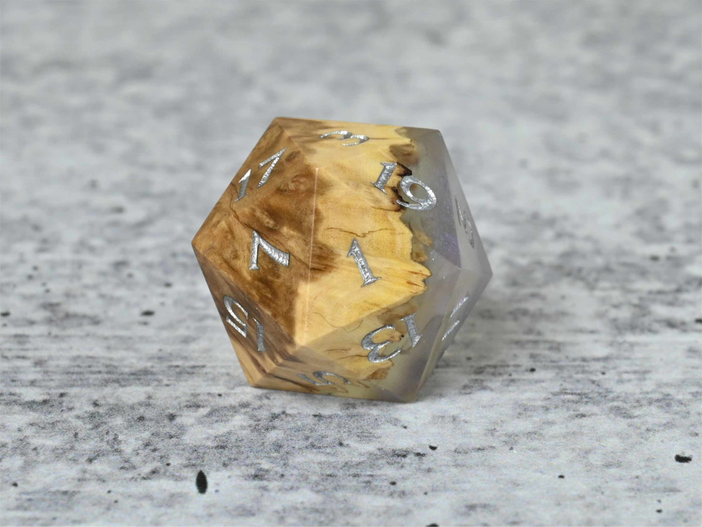 Ethereal Brown Mallee burl wood and resin d20 with silver painted numbers for dnd ttrpg