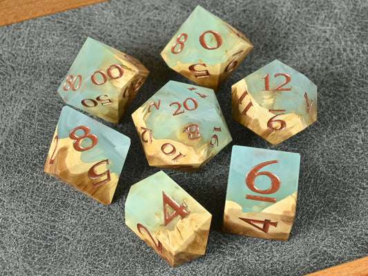brown mallee burl wood and resin hybrid dice set for dnd ttrpg