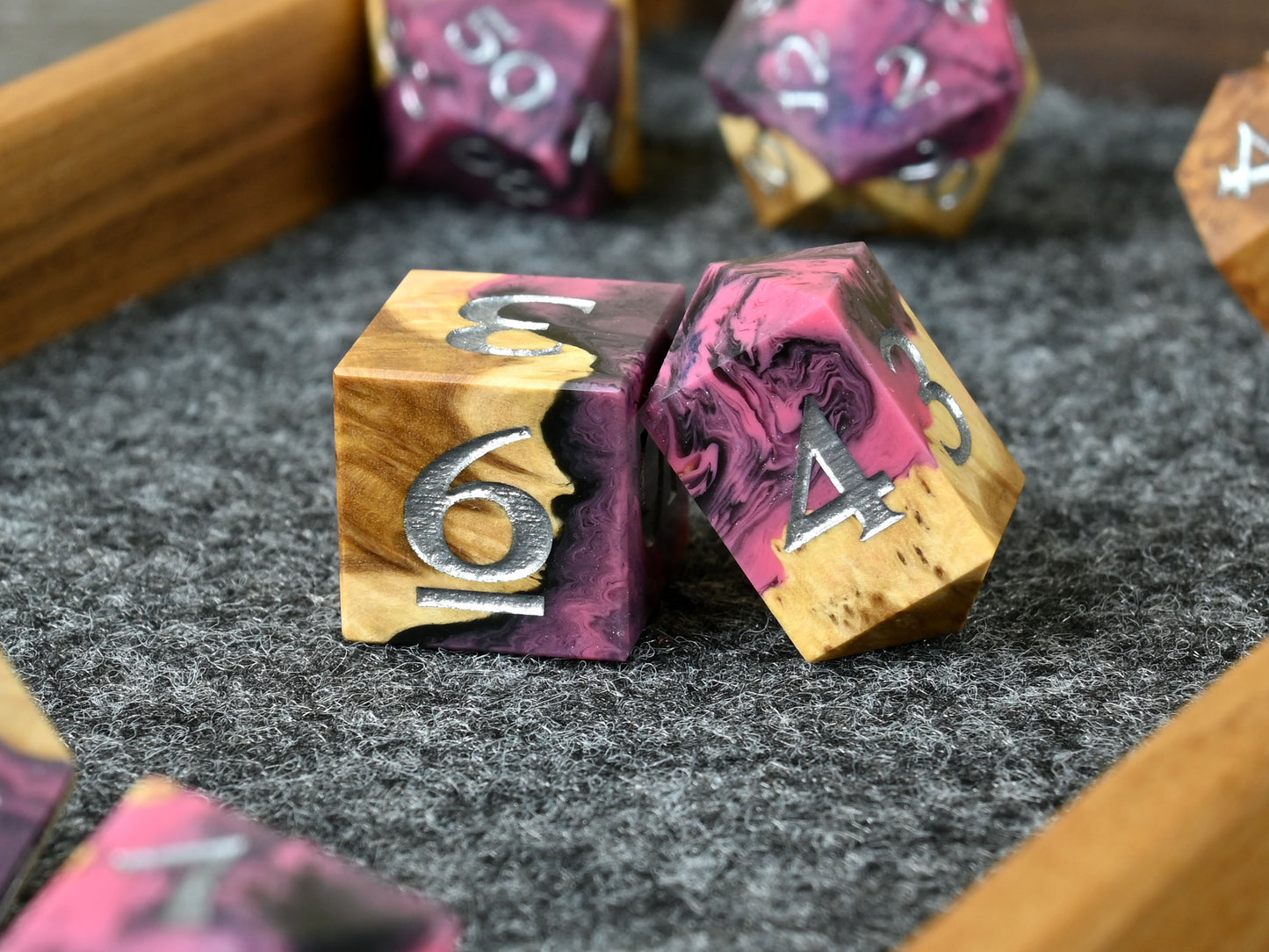 Sirens Invocation brown mallee wood and resin hybrid dice set for D&D ttrpg.