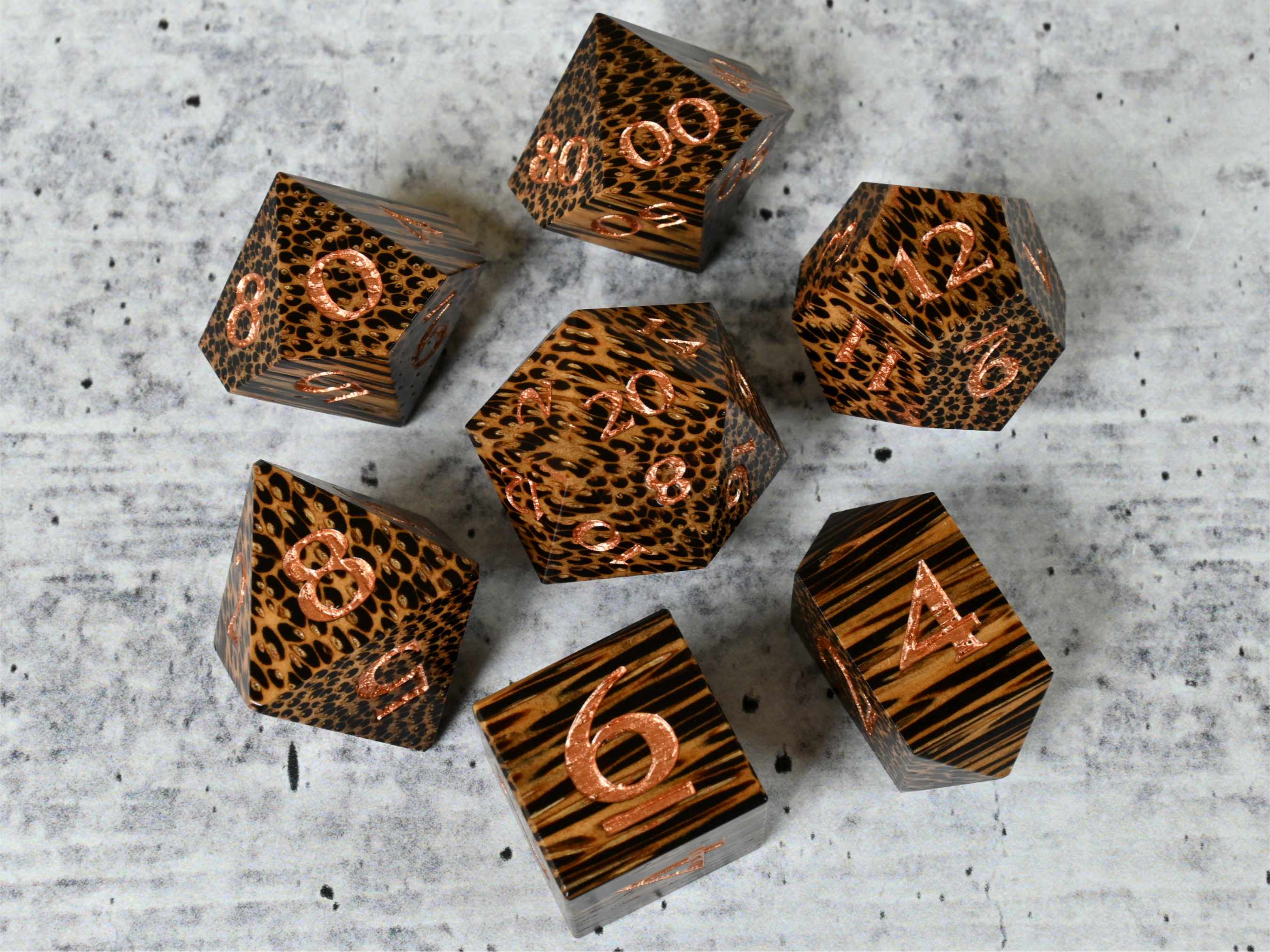 Black Palm wood dice set with bronze numbers for dnd ttrpg 