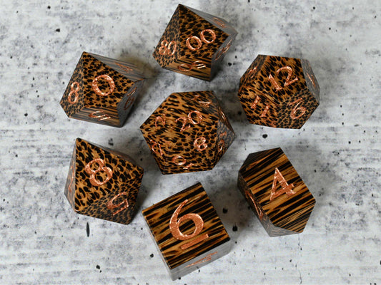 Black Palm wood dice set with bronze numbers for dnd ttrpg 