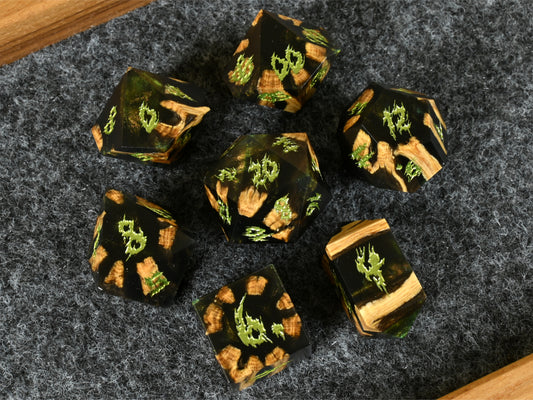 baba's bog cholla wood and resin hybrid dice set