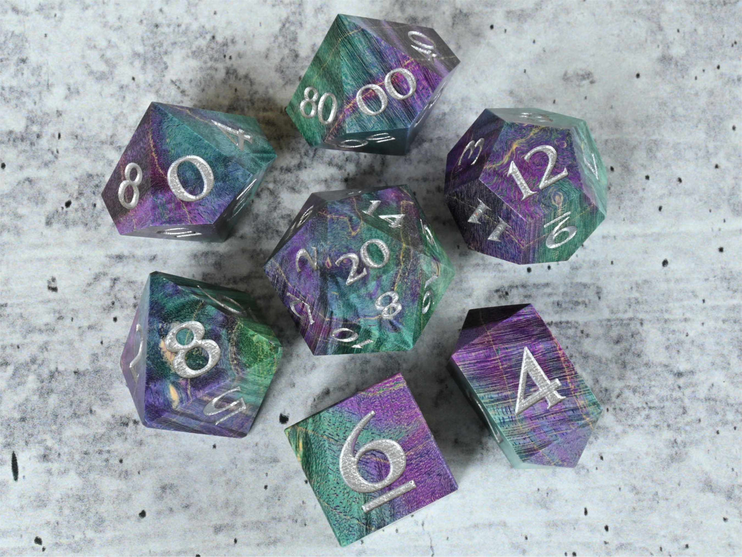Teal & Purple dye stabilized box elder burl wood dice set with silver painted numbers for dnd ttrpg