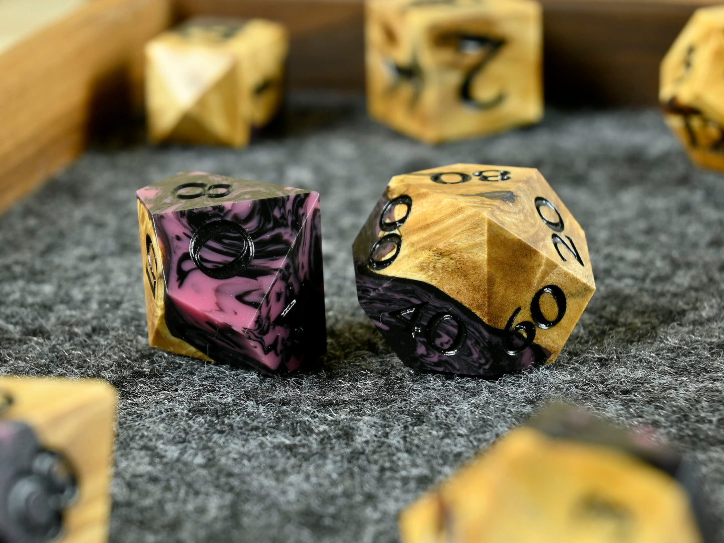 Buckeye burl wood and resin hybrid dice set for dnd ttrpg