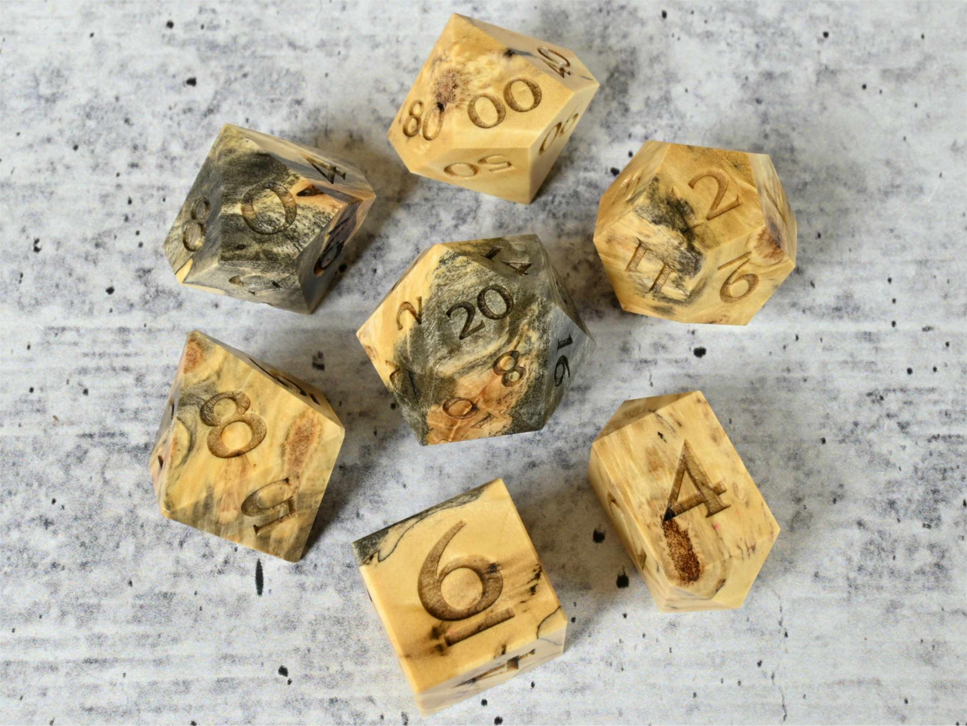 Buckeye Burl wood dice set for dnd ttrpg 