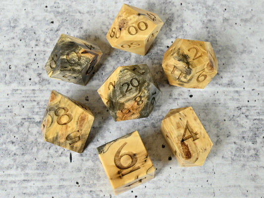 Buckeye Burl wood dice set for dnd ttrpg 