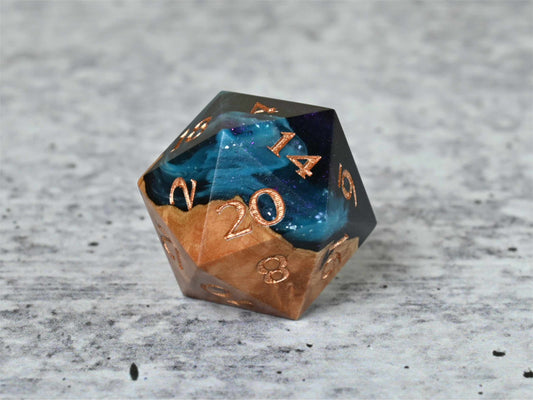 Chosen Realm - Gimlet Burl Hybrid D20 Dice with bronze painted numbers for dnd ttrpg