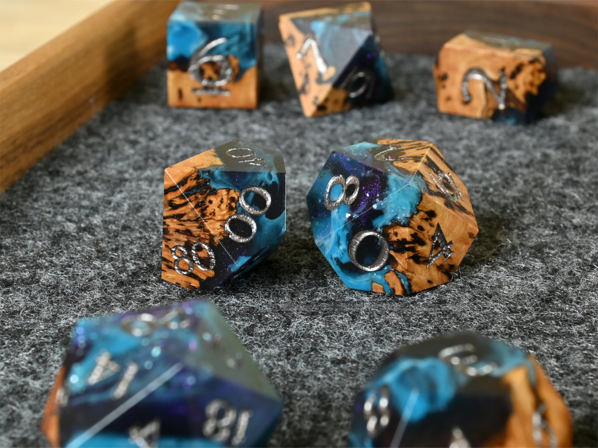 Chosen Realm gimlet burl wood and resin dice set for ttrpg dnd