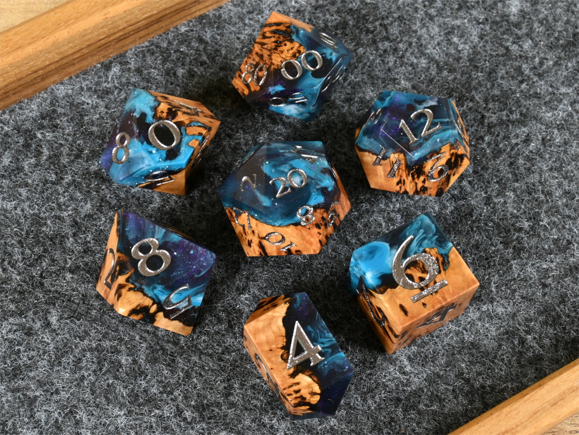 Chosen Realm gimlet burl wood and resin dice set for ttrpg dnd