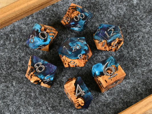 Chosen Realm gimlet burl wood and resin dice set for ttrpg dnd