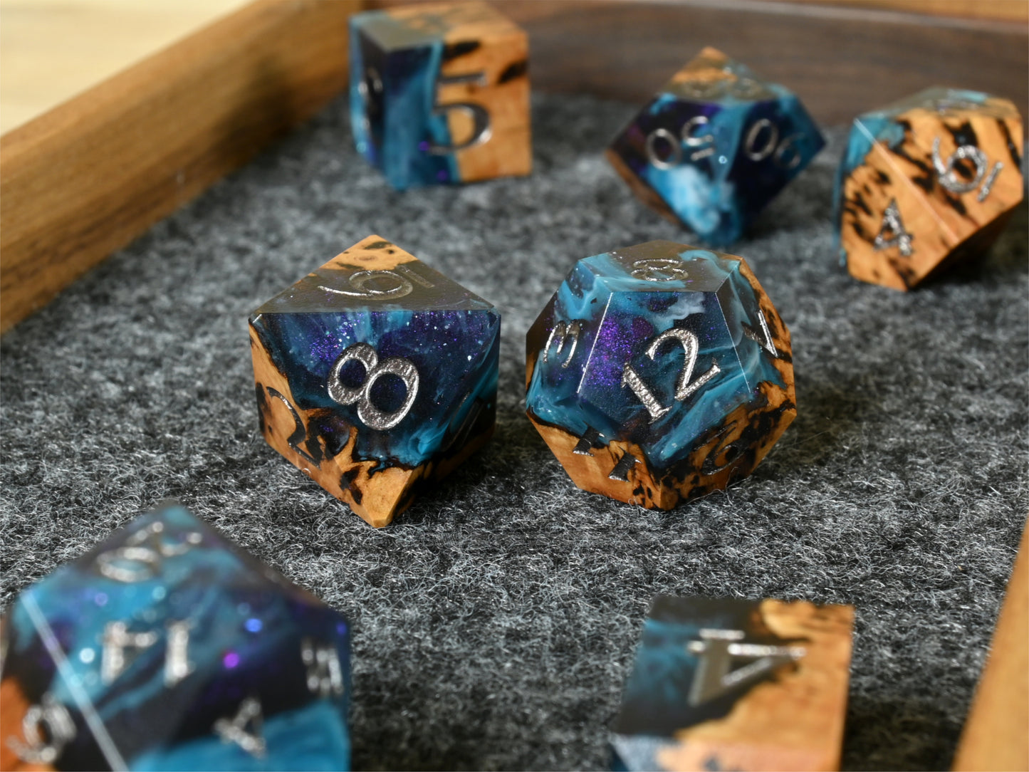 Chosen Realm gimlet burl wood and resin dice set for ttrpg dnd