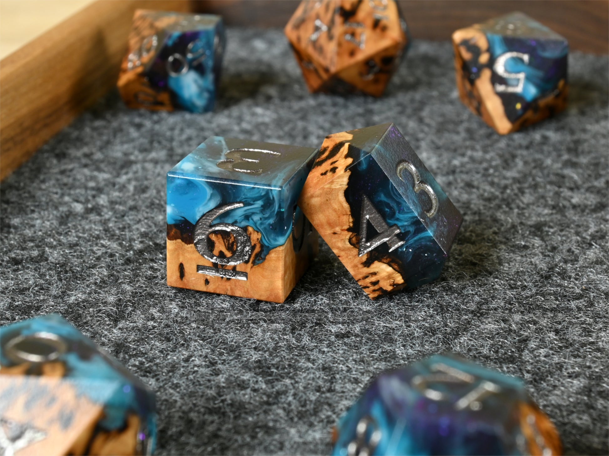 Chosen Realm gimlet burl wood and resin dice set for ttrpg dnd