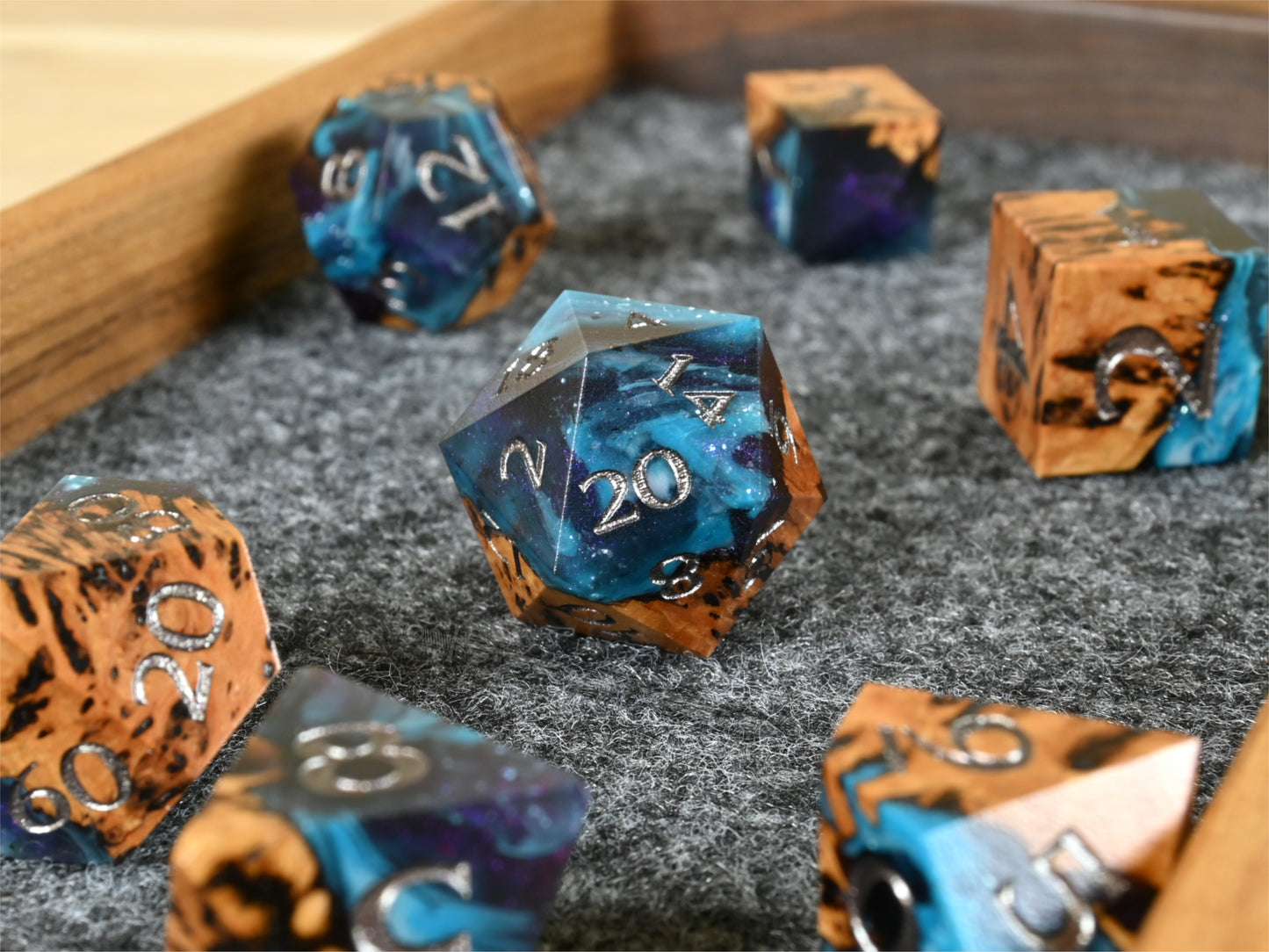 Chosen Realm gimlet burl wood and resin dice set for ttrpg dnd