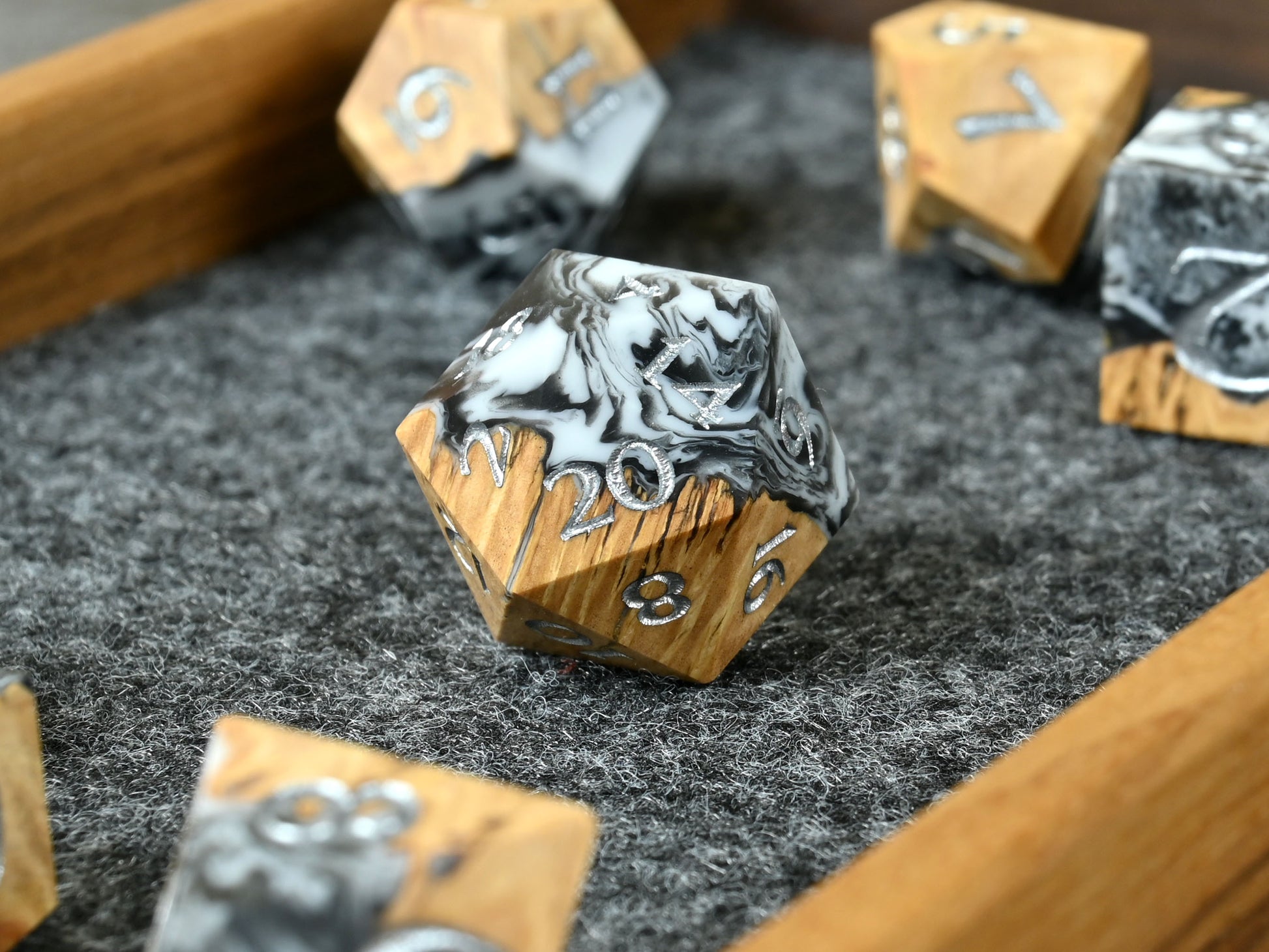Shadowstuff Coolibah wood and resin hybrid dice set for D&D ttrpg.