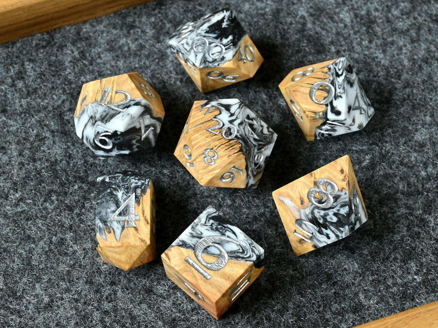 Shadowstuff Coolibah wood and resin hybrid dice set for D&D ttrpg.